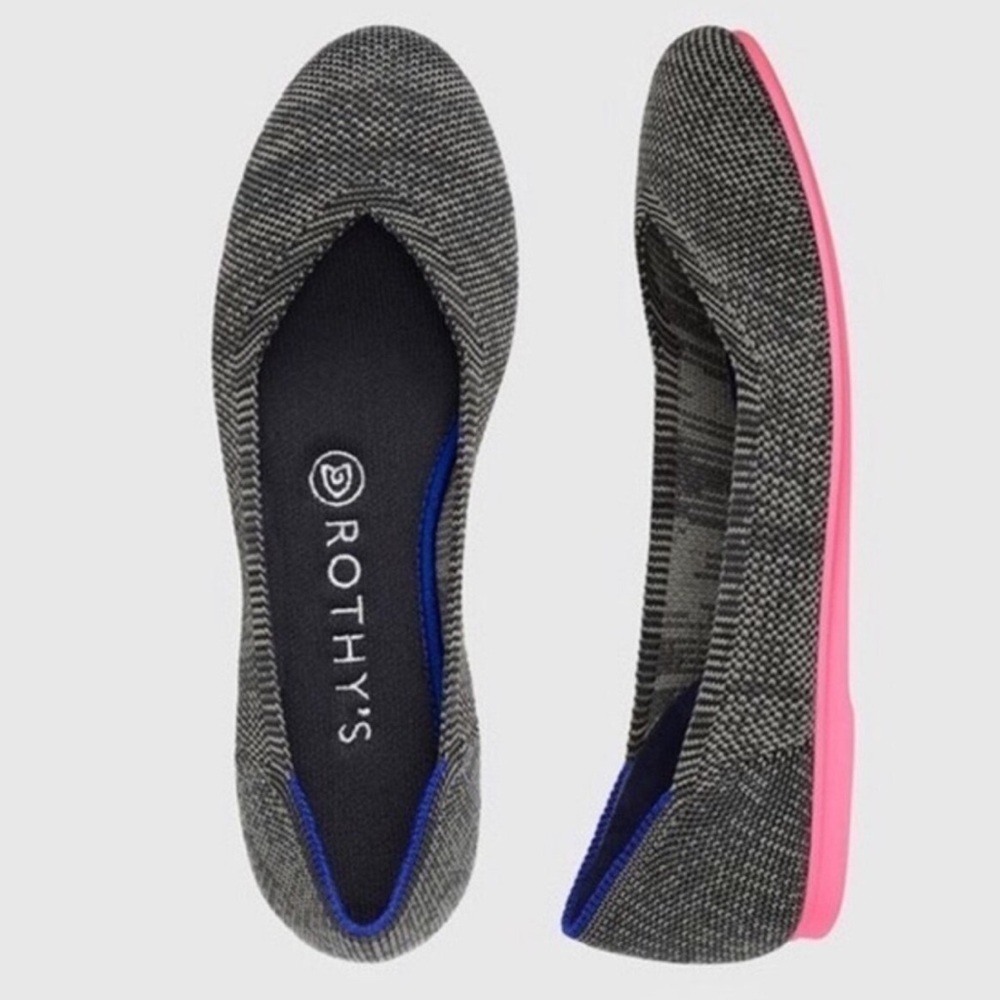 Rothy's Birdseye Flats Charcoal with Pink Sole Round Toe Slip On Shoes sz 7